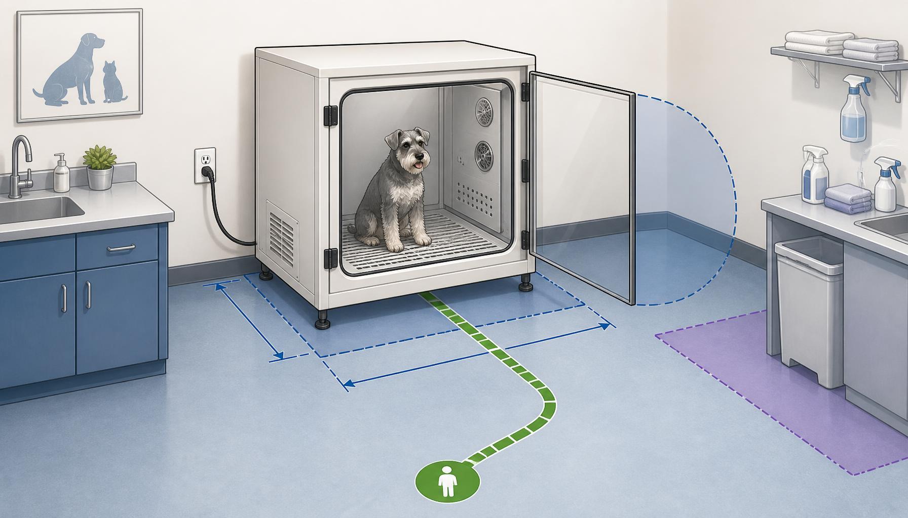 AI-generated illustration: AI-generated illustration of a cabinet-style pet dryer in a veterinary pet-care room, showing a measured equipment footprint, door swing area, operator access route, electrical outlet location, and adjacent cleaning zone.