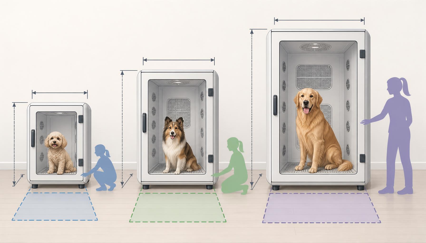 AI-generated illustration: AI-generated comparison illustration of compact, medium, and larger cabinet-style pet dryers shown beside simplified dimensional markers and clear floor-access zones, without brand markings or performance claims.