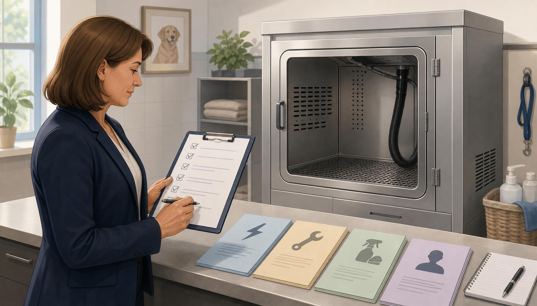 AI-generated illustration: AI-generated illustration of a procurement manager reviewing a pet dryer installation checklist beside a cabinet dryer, with documents for electrical requirements, spare parts, cleaning responsibilities, and service contacts.
