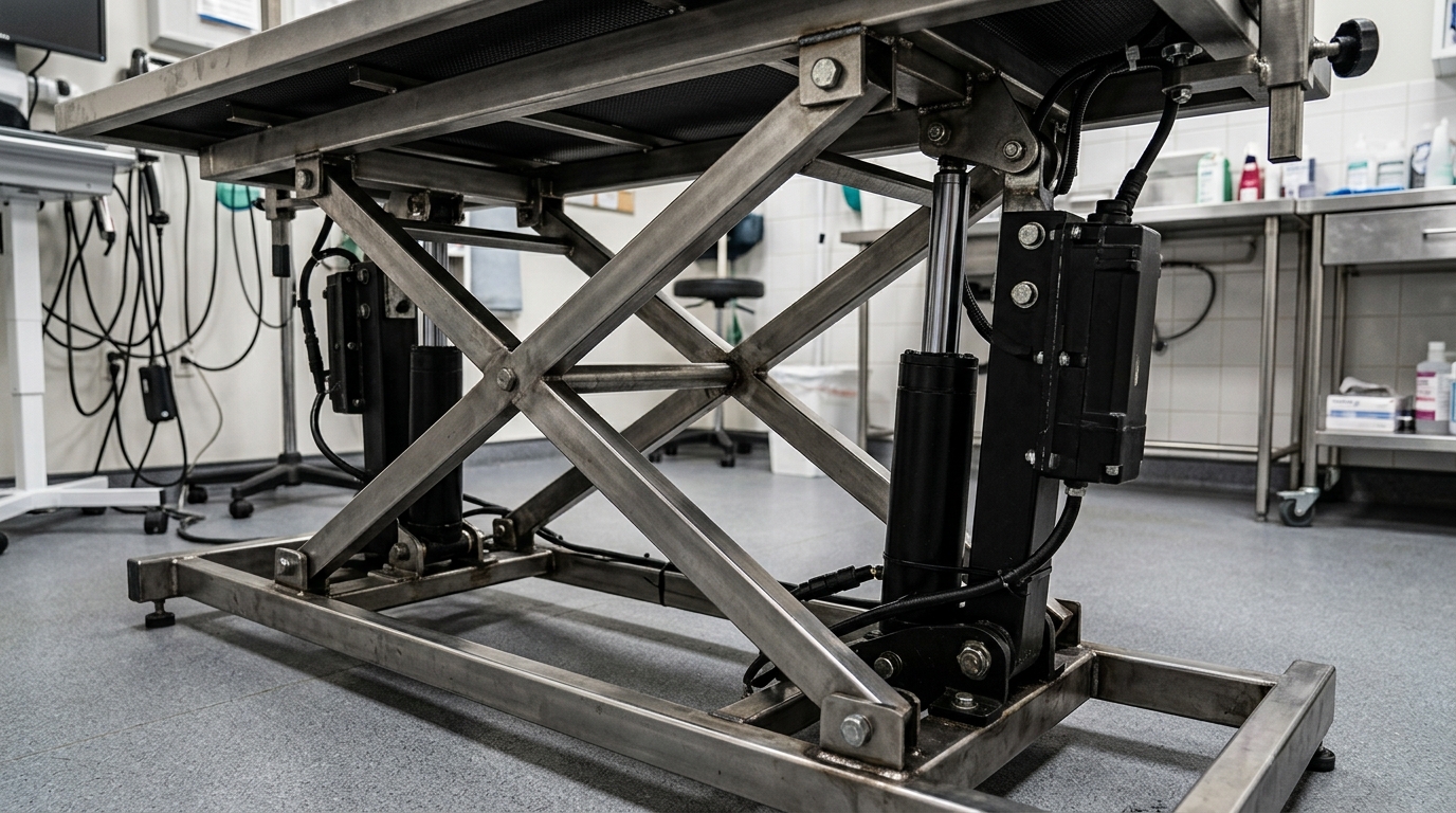 Close-up of heavy-duty linear actuators and reinforced steel cross-bars under a veterinary grooming platform, showing the mechanical components that prevent lateral wobble.
