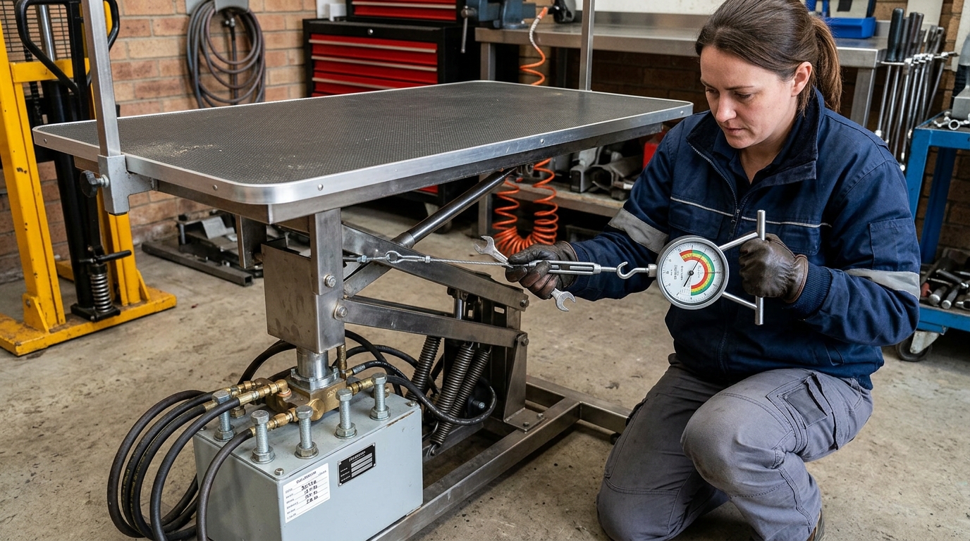 Technician using an industrial level tool and tension gauge on the surface of a grooming table to calibrate the weight distribution and assess mechanical alignment.