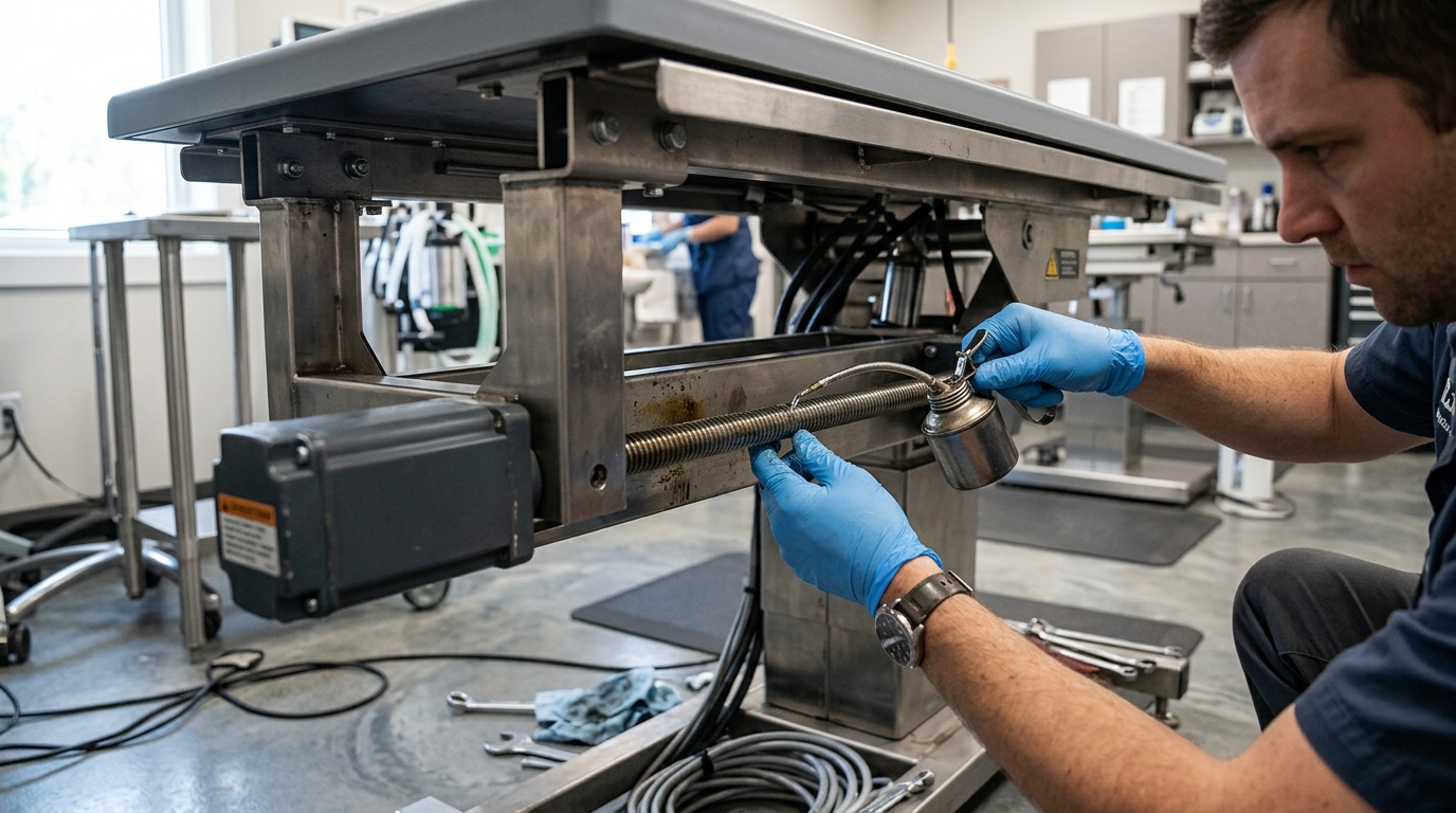 Close-up of a maintenance technician applying industrial lubricant to the threaded drive shaft of an electric linear actuator beneath a heavy-duty veterinary table.