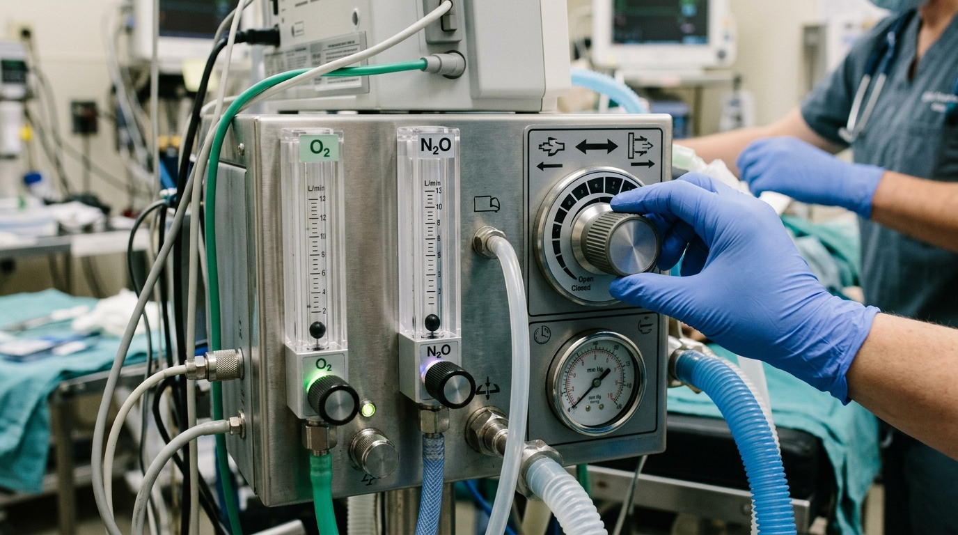 Close-up of a veterinary control panel highlighting the separate intake flowmeters and adjustable exhaust baffles used for carbon dioxide clearance.