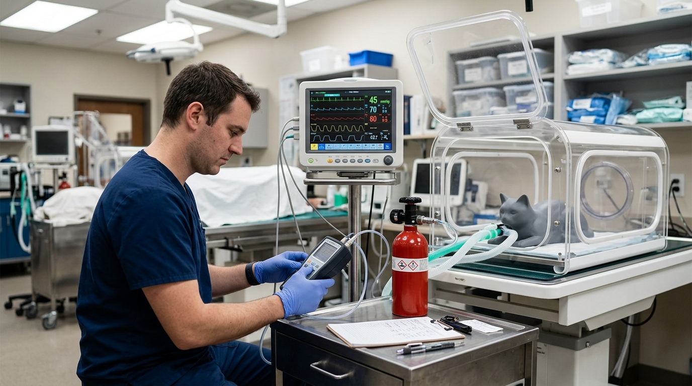 Biomedical technician performing a monthly baseline validation on the internal infrared carbon dioxide sensor of a veterinary intensive care unit.