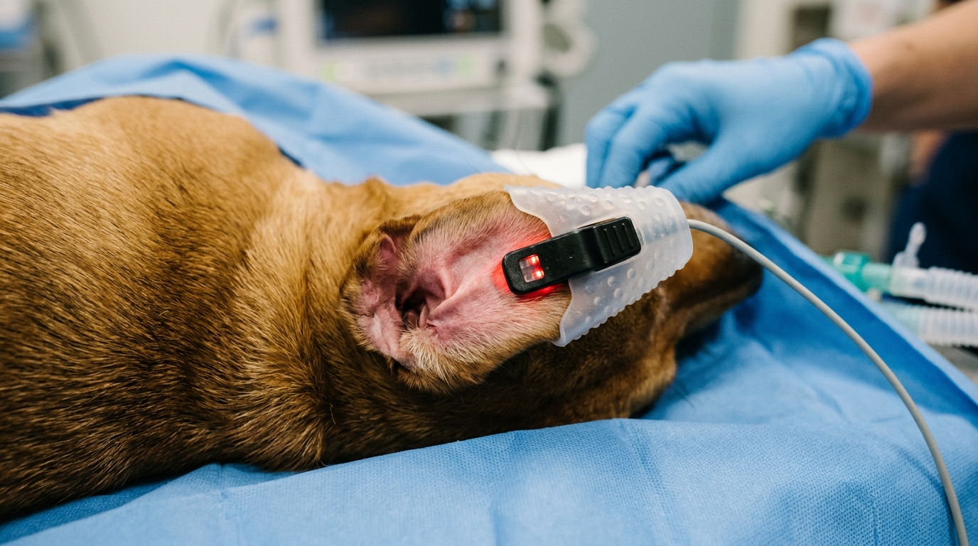 Close-up view of a veterinary SpO2 transmittance sensor attached to a canine ear with a protective silicone sleeve preventing moisture accumulation.