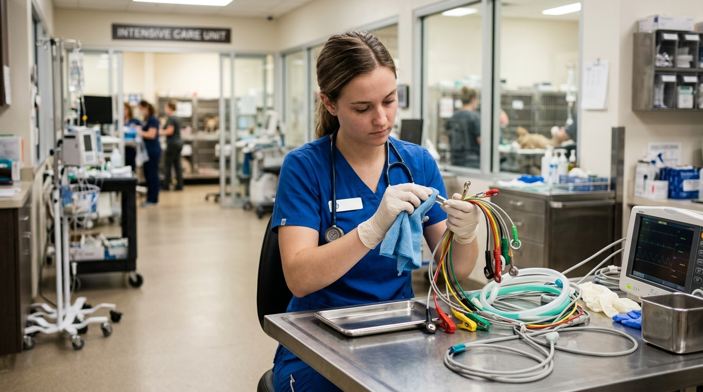 Veterinary technician utilizing a dry microfiber cloth to carefully wipe down the electronic leads of an ECG cable outside an intensive care unit.