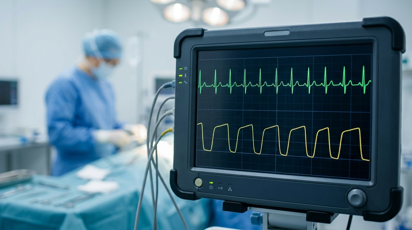 A digital dashboard of a veterinary monitor displaying clean, artifact-free ECG and capnography waveforms, indicating optimal sensor performance.