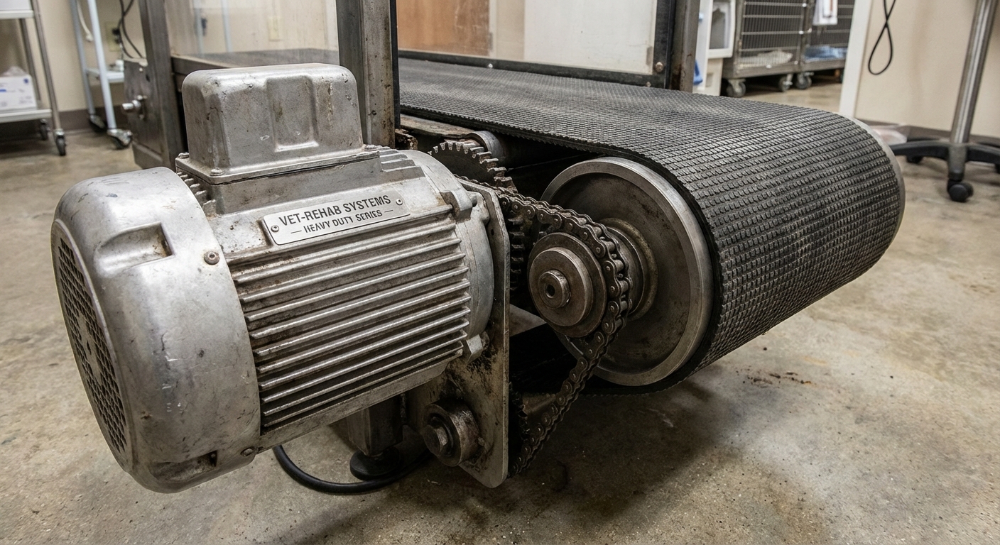 Close-up of a heavy-duty pet treadmill motor housing and reinforced belt system designed for veterinary rehabilitation centers.