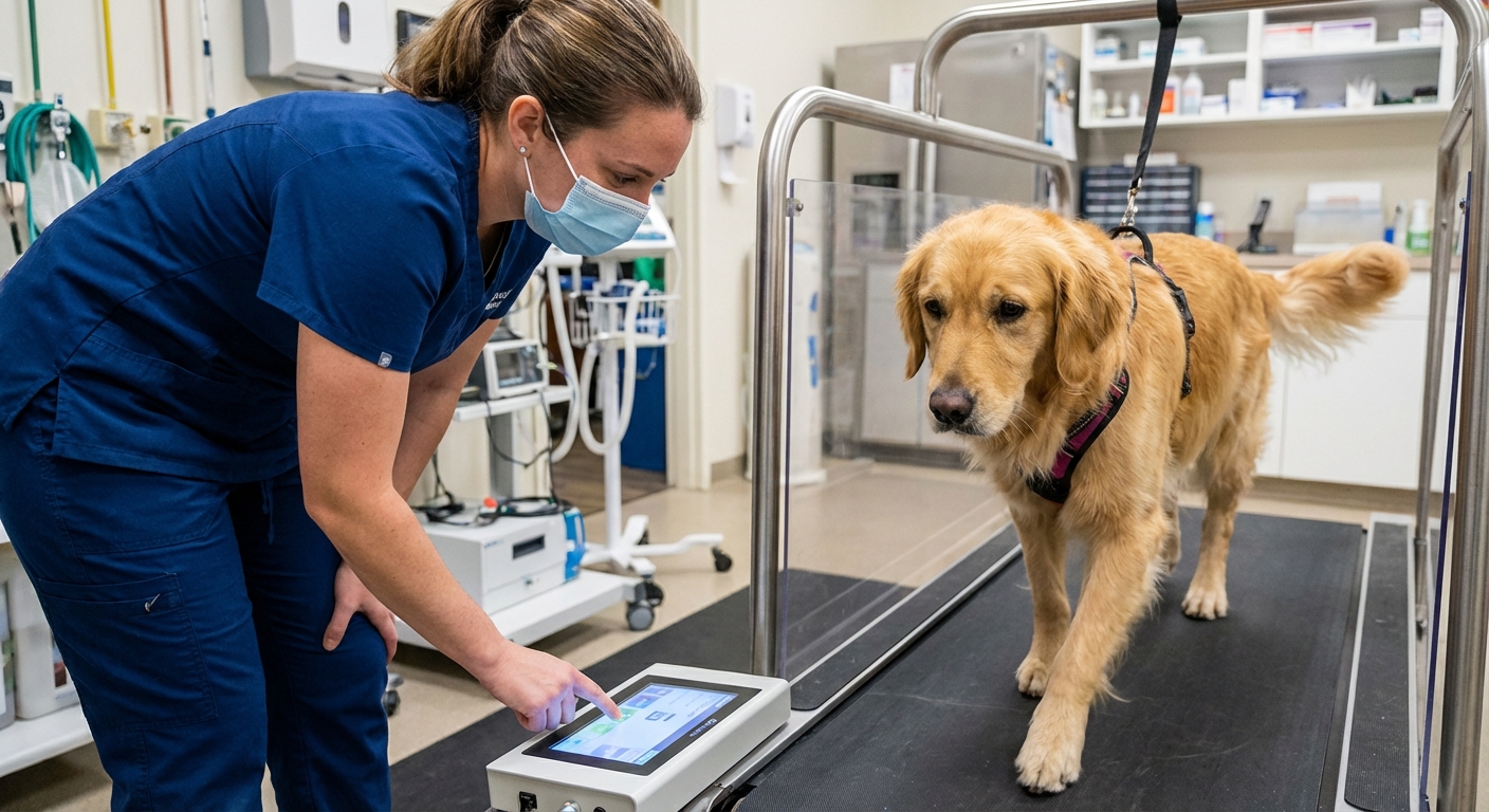Veterinary technician adjusting the settings on a digital treadmill display while a Golden Retriever walks calmly on the belt.