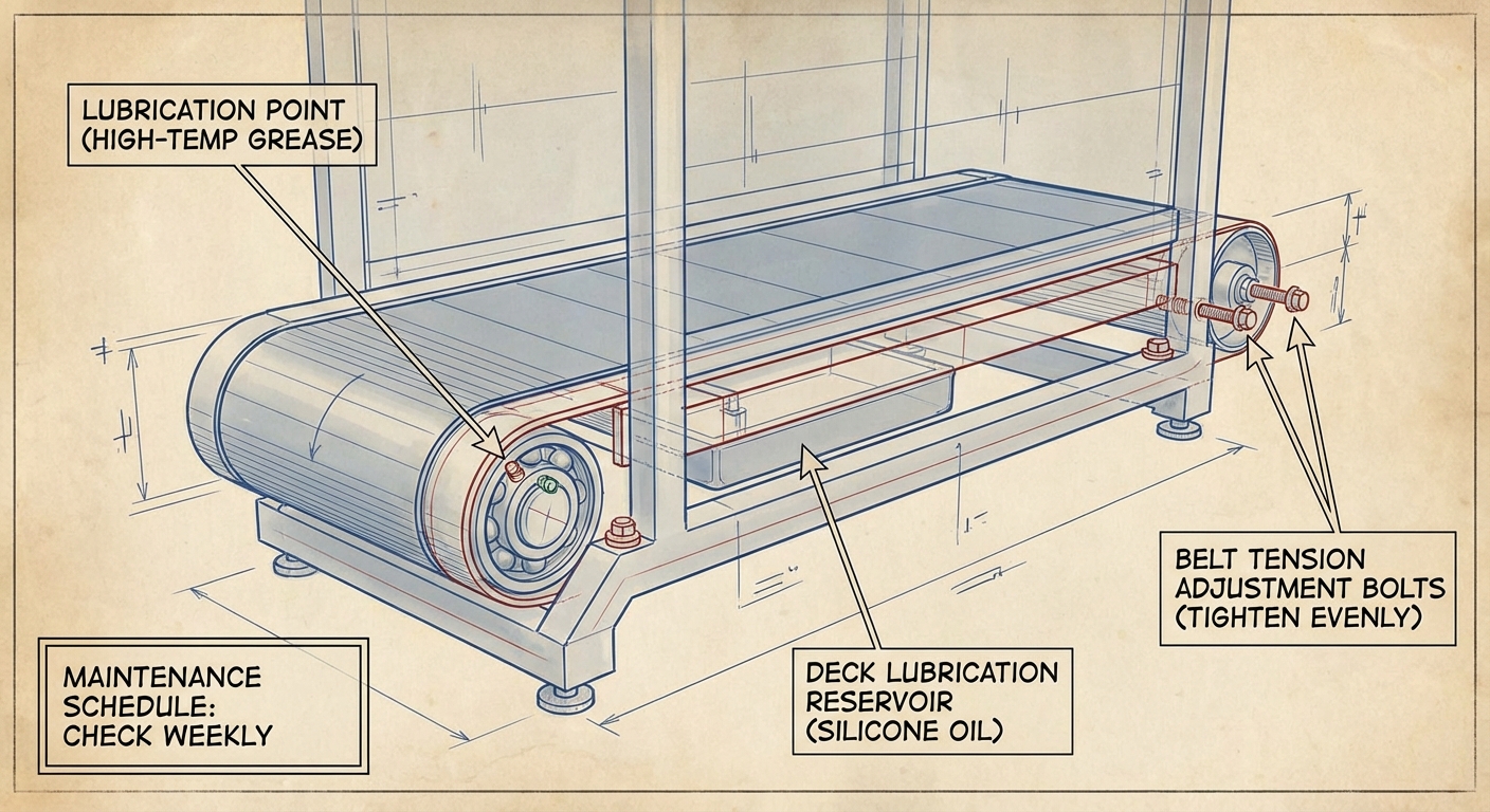 Diagram illustrating the correct lubrication points and tension adjustment mechanisms on a professional veterinary treadmill.