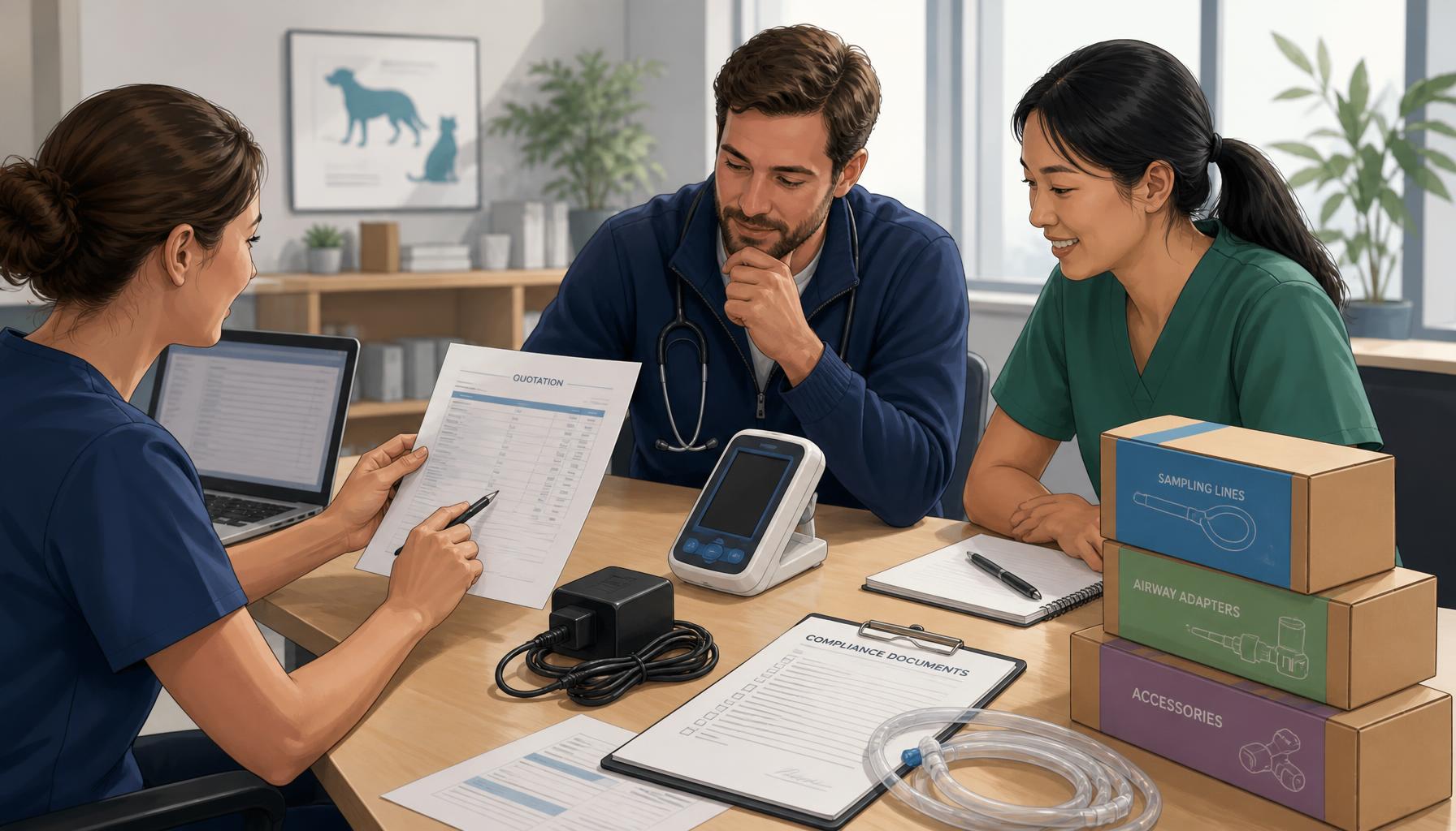 AI-generated illustration: AI-generated illustration of a veterinary purchasing team reviewing a portable EtCO2 monitor quotation with compliance documents, a charger, sampling lines, and labeled accessory boxes on a clean office table.
