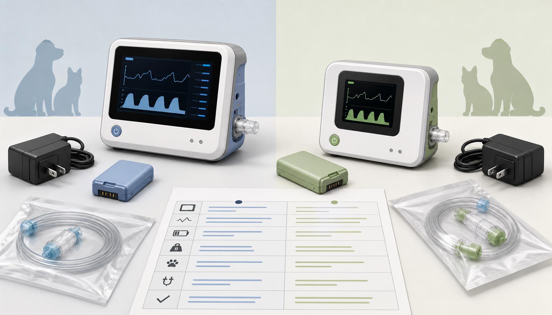 AI-generated illustration: AI-generated comparison illustration showing two compact veterinary capnographs with differently sized displays, chargers, batteries, sampling-line packages, and a specification comparison sheet; no brand markings.