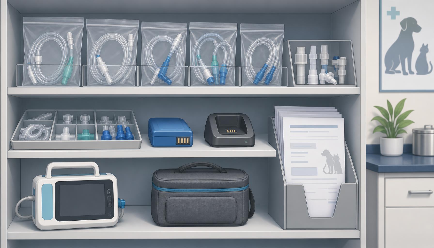AI-generated illustration: AI-generated illustration of a veterinary clinic inventory shelf with organized capnograph sampling lines, adapters, spare battery, charger, service documents, and a portable EtCO2 monitor prepared for procurement review.