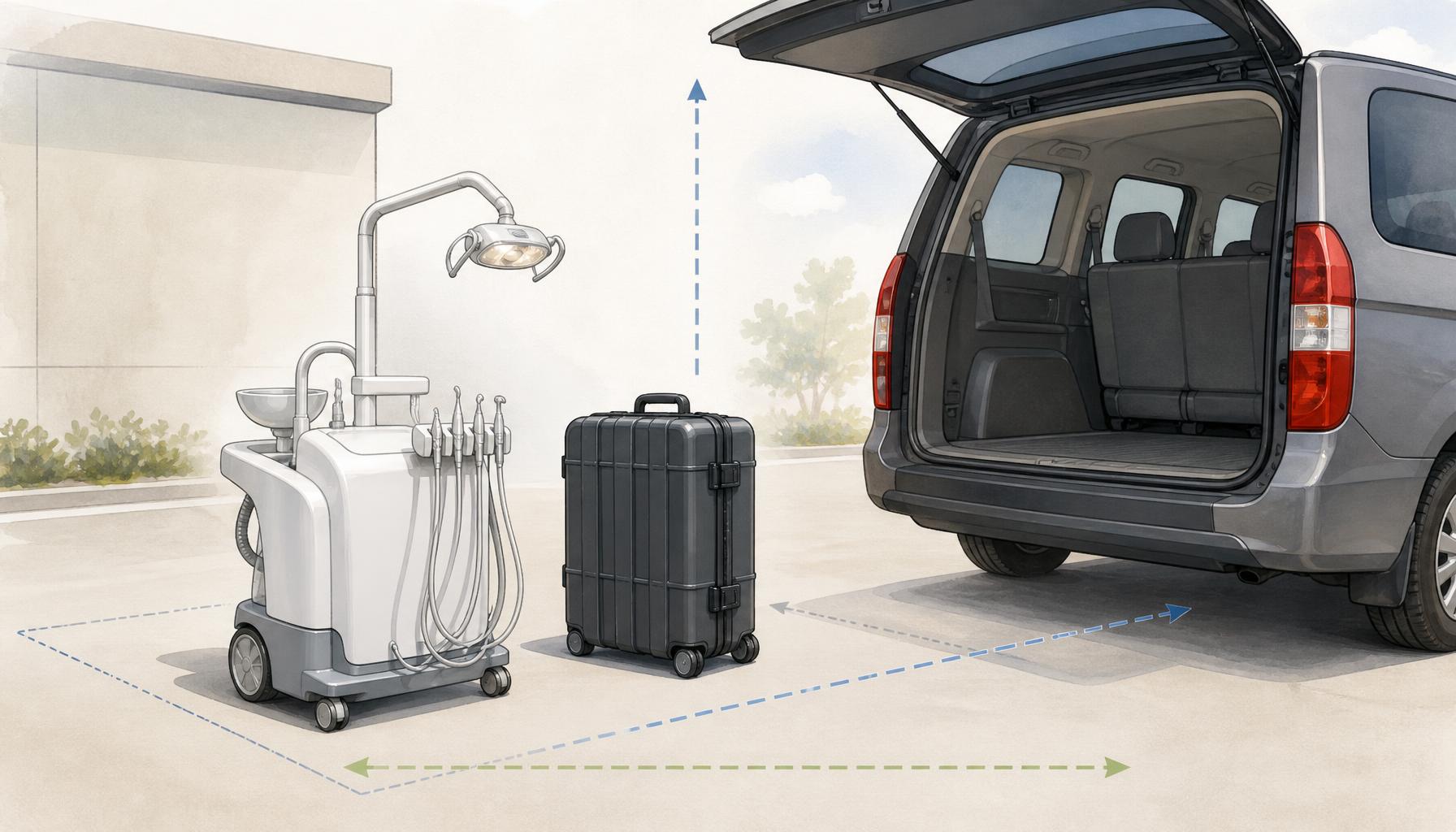A portable dental unit and carrying case sit beside a vehicle loading area, with clear space around the equipment illustrating transport clearance, lifting access, and storage planning.