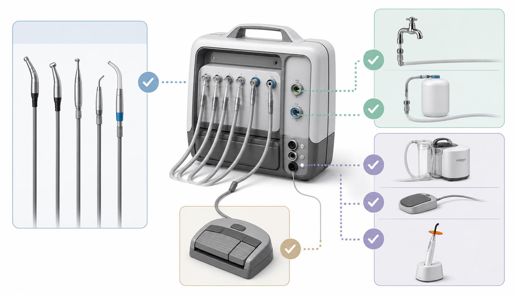 A conceptual portable dental unit interface layout shows instrument hoses, a foot control, water connections, and separate accessory connections arranged to illustrate compatibility checks without depicting a specific model.