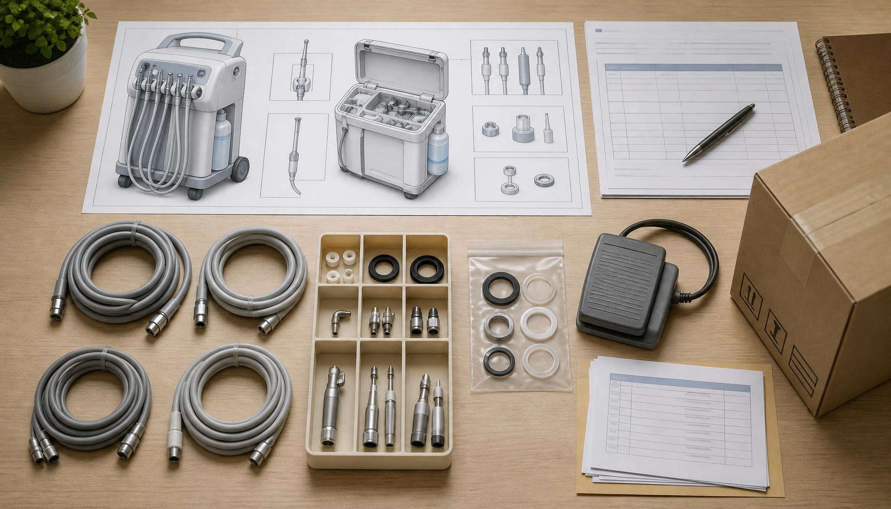 A portable dental unit service planning layout includes labeled component diagrams, replacement hoses, bottle seals, a foot control, and shipping documents arranged on a clean procurement review desk.
