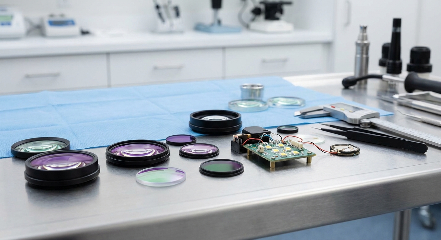 Close-up engineering shot of a portable slit lamp lens system showing the multi-coated glass elements and the LED illumination source disassembled for quality inspection.