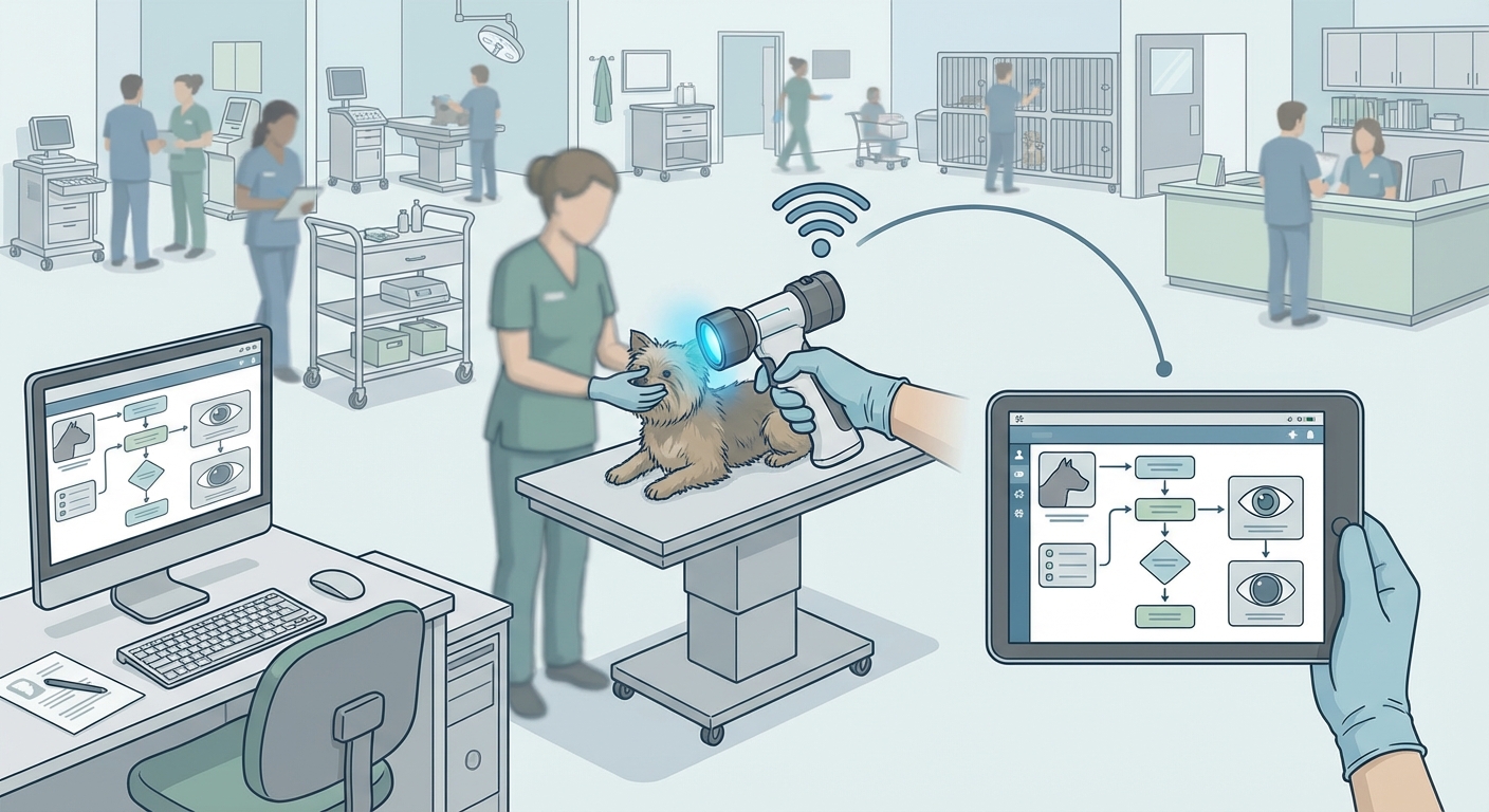 A veterinary ophthalmology workflow diagram showing the integration of a portable slit lamp with a patient management system in a busy clinic environment.