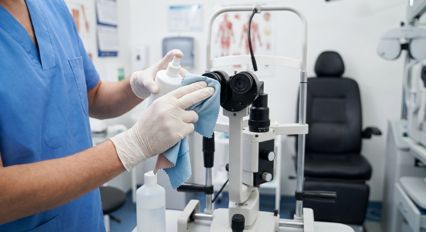 A technician demonstrating the correct cleaning method for a slit lamp objective lens using a microfiber cloth and specific optical solution.