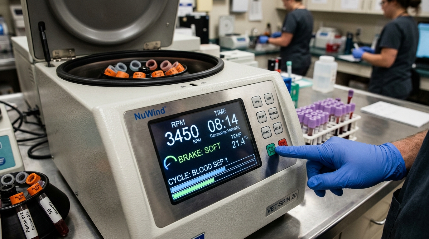 Close-up of a digital veterinary centrifuge display showing precise RPM and soft braking settings during a blood separation cycle.