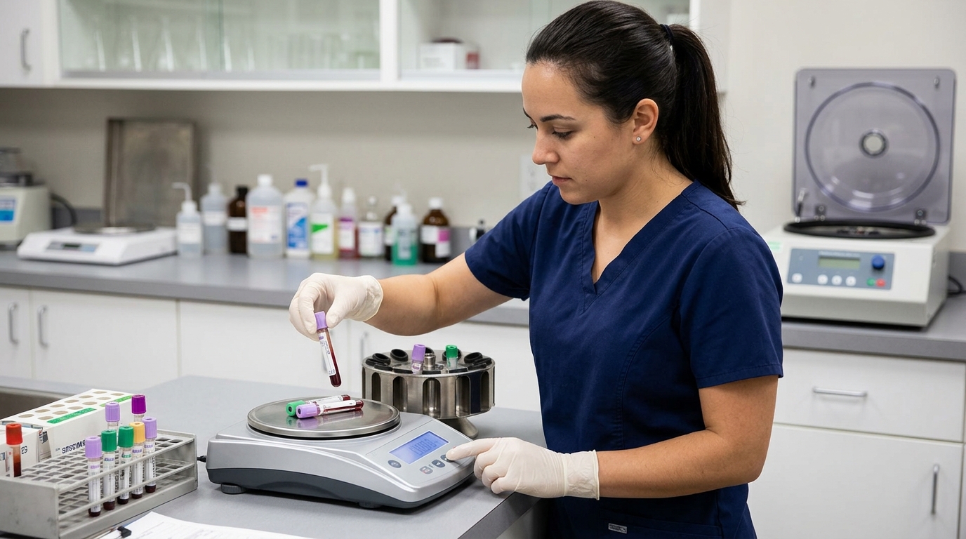 Veterinary technician using a digital scale to precisely balance blood collection tubes before placing them into the centrifuge rotor.
