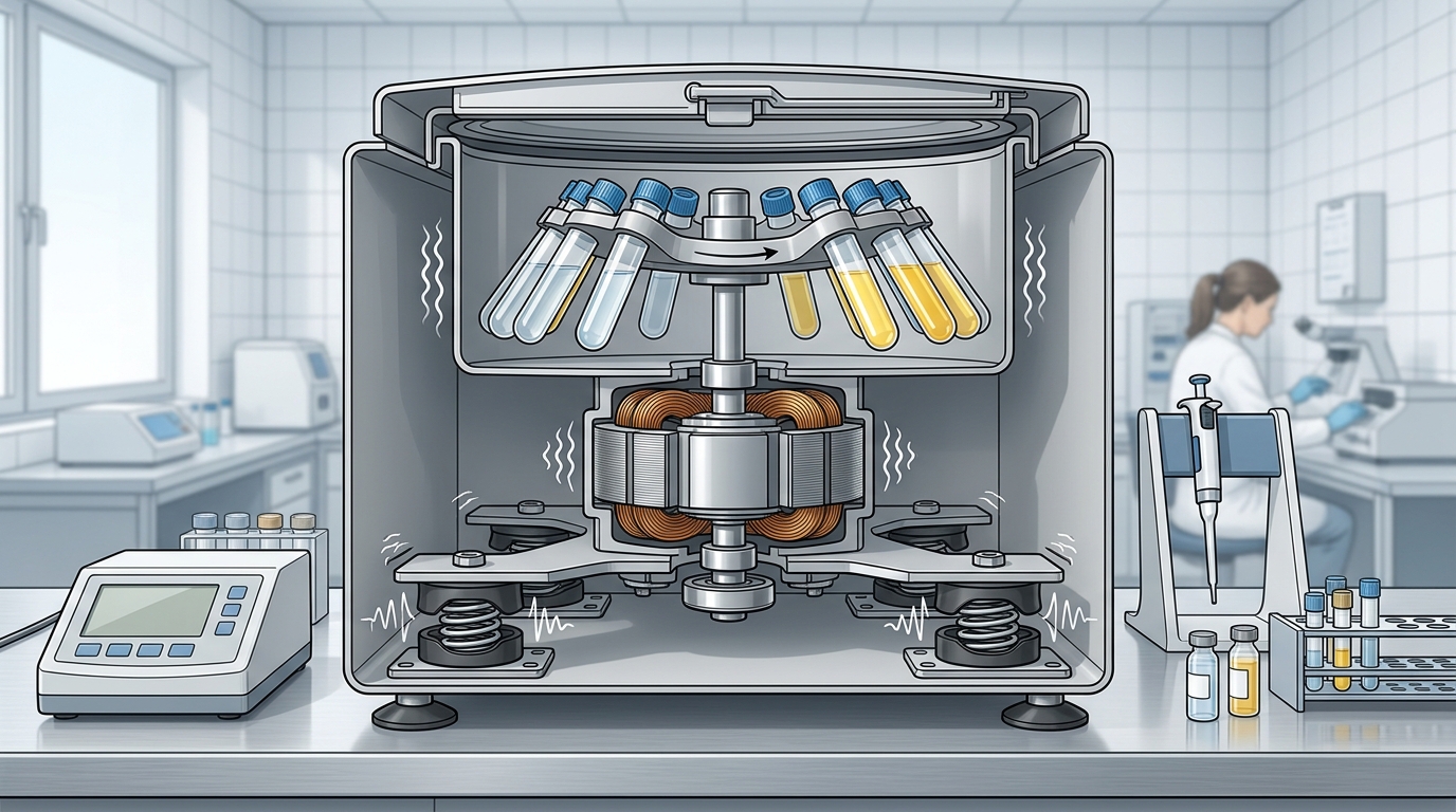 Cross-section diagram of a centrifuge motor and rotor assembly highlighting the dampening mounts that isolate vibration from the main chassis.