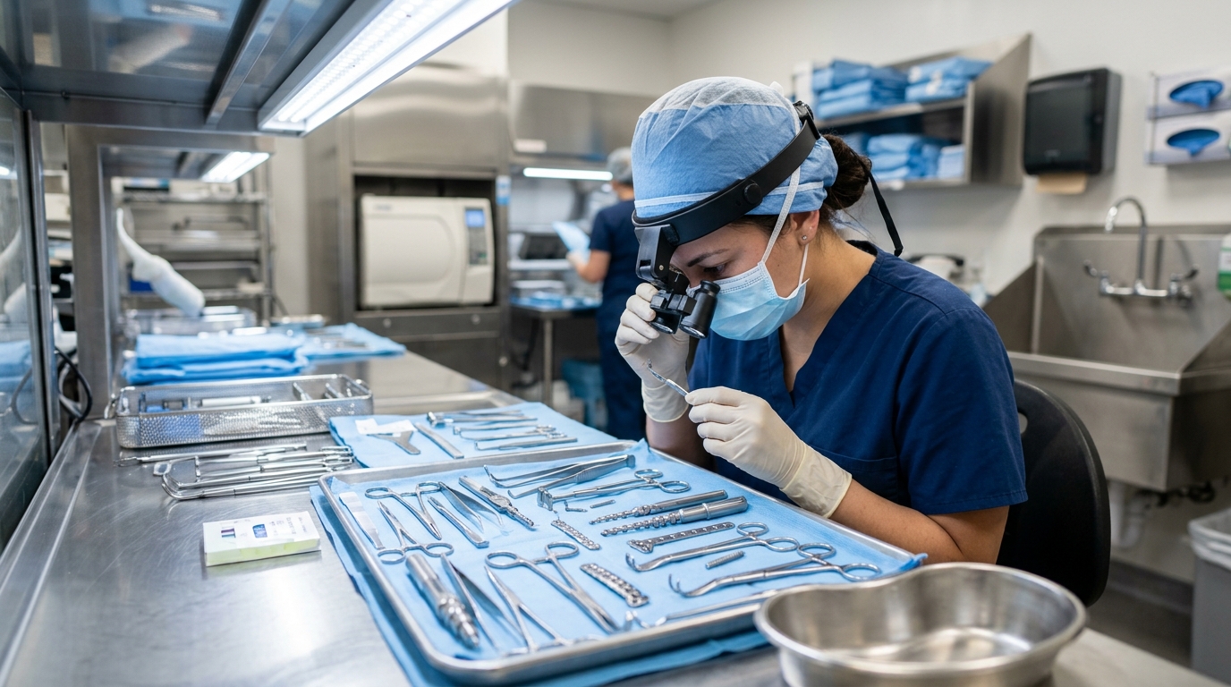 Veterinary technician under bright clinical lighting inspecting orthopedic surgical instruments with a magnifying loupe during sterile processing.