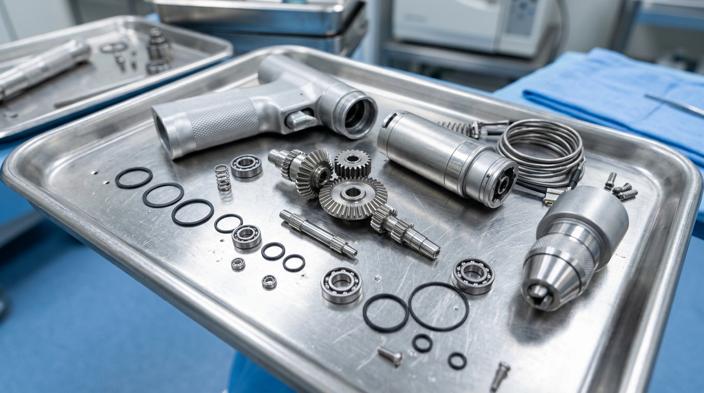 Disassembled orthopedic drill handpiece on a stainless steel maintenance tray showing internal gearing, bearings, and sealing rings.