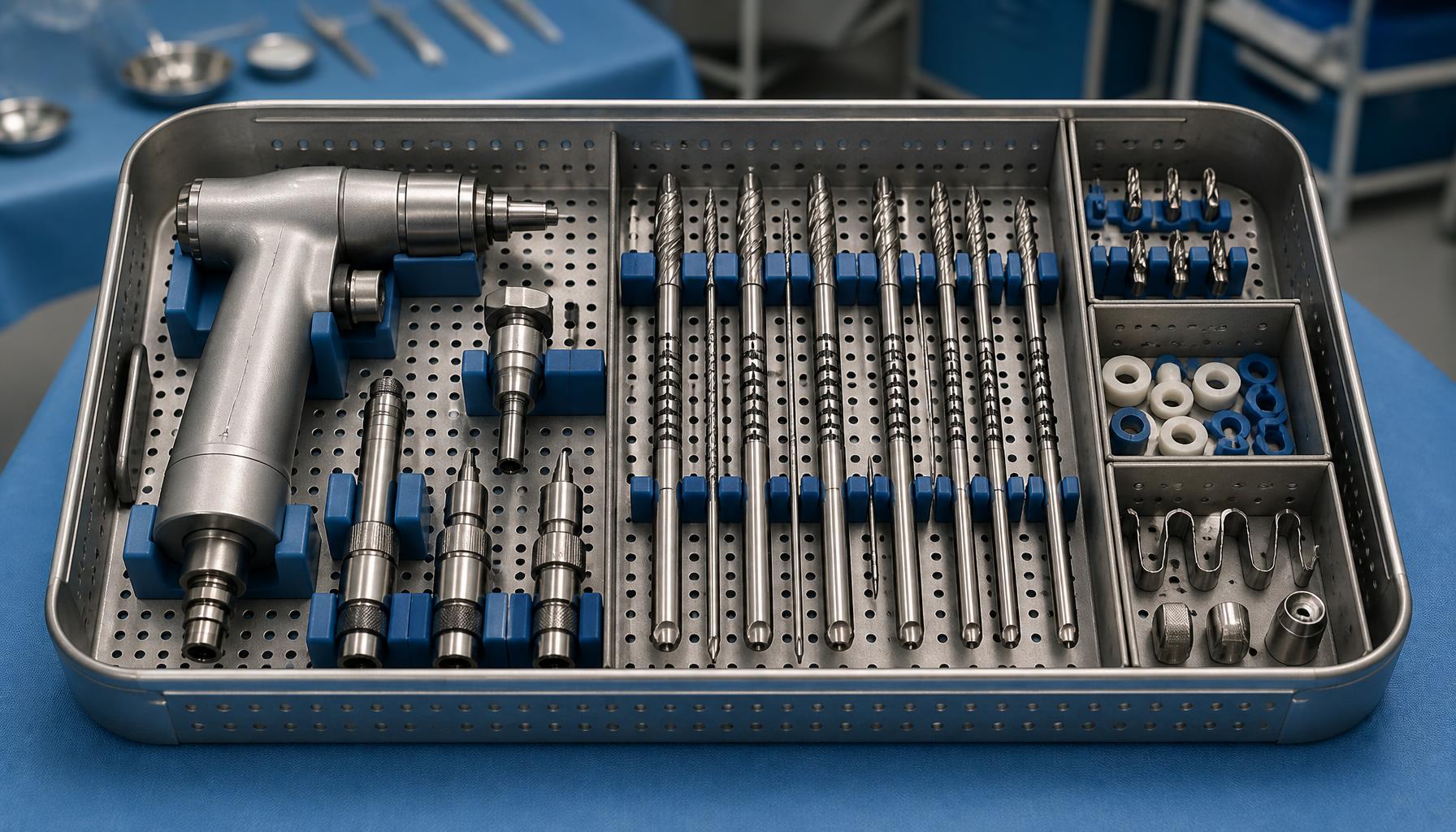 Sterile veterinary orthopedic instrument tray showing a reamer drill handpiece, couplings, depth-marked reamer attachments, and segregated accessories for inventory review.