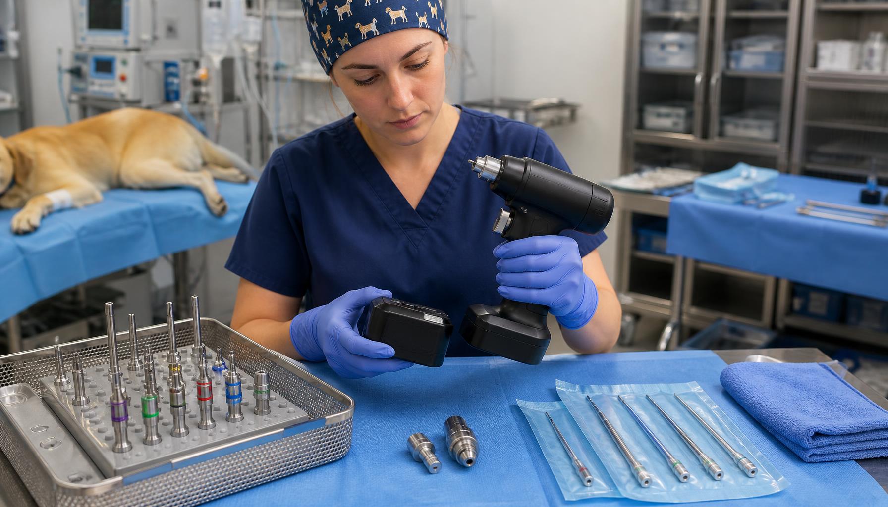 Veterinary technician checking a powered orthopedic drill battery, quick coupling, and labeled sterile-compatible reamer accessories before surgery.