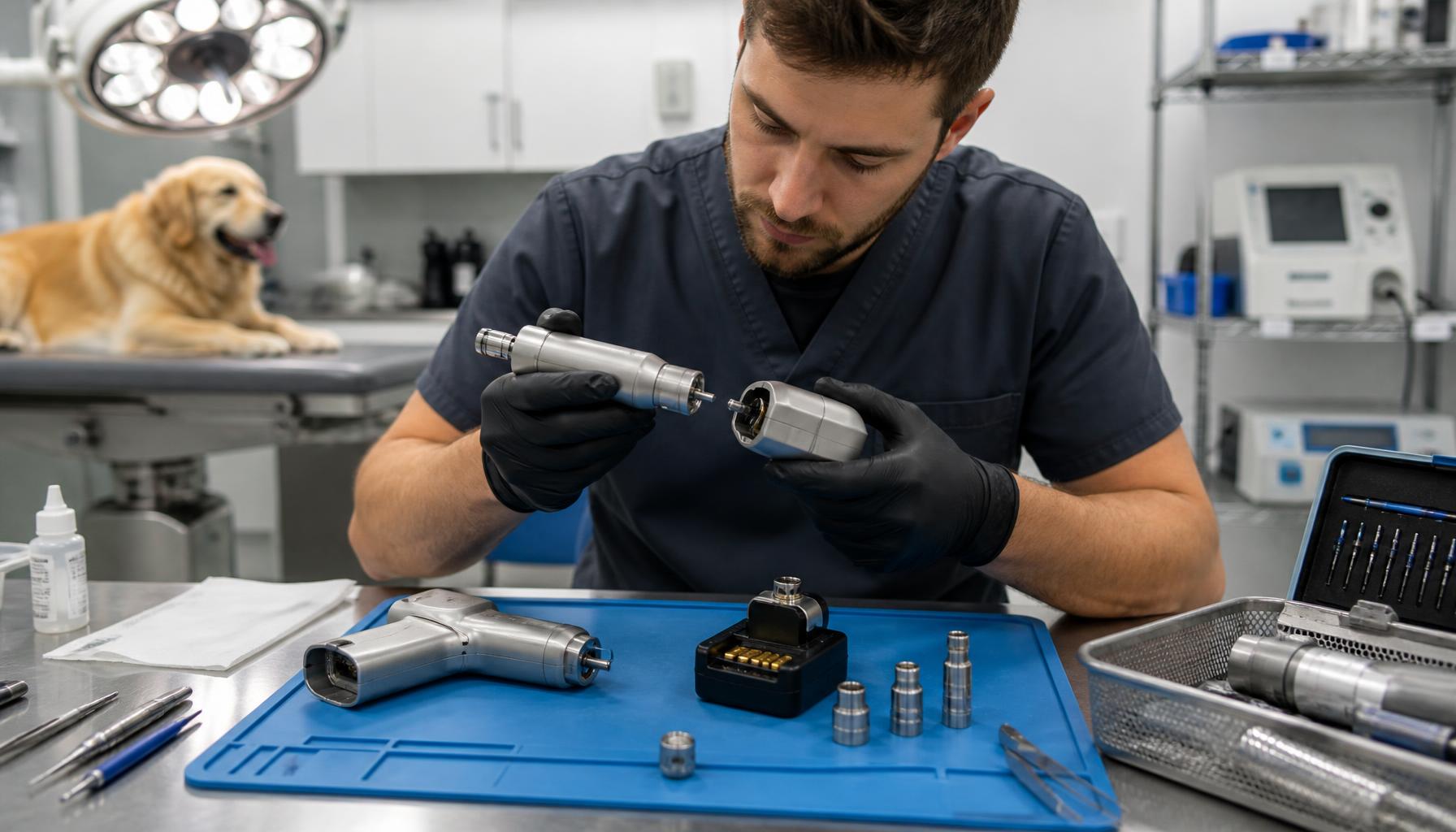 Biomedical service technician inspecting a veterinary reamer drill coupling and battery contacts during scheduled preventive maintenance.