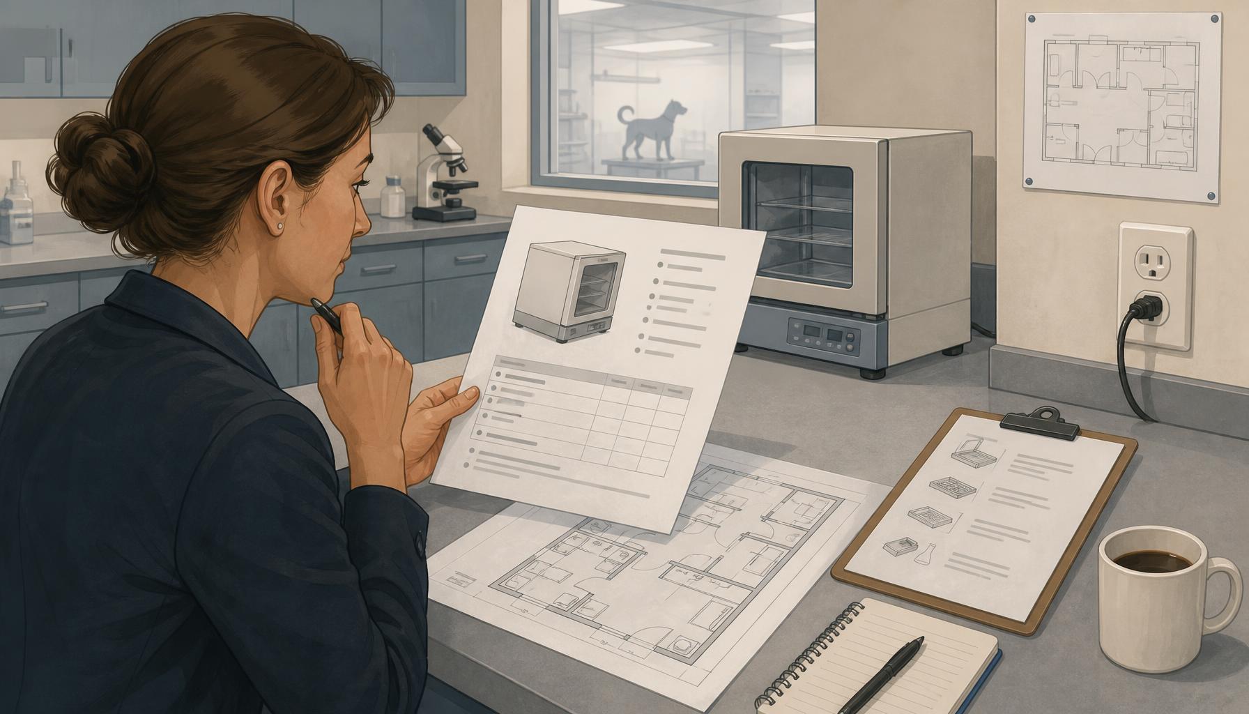 AI-generated illustration: AI-generated illustration of a procurement manager reviewing a shaking incubator specification sheet beside a floor plan, electrical outlet, and accessory list in a veterinary laboratory setting.