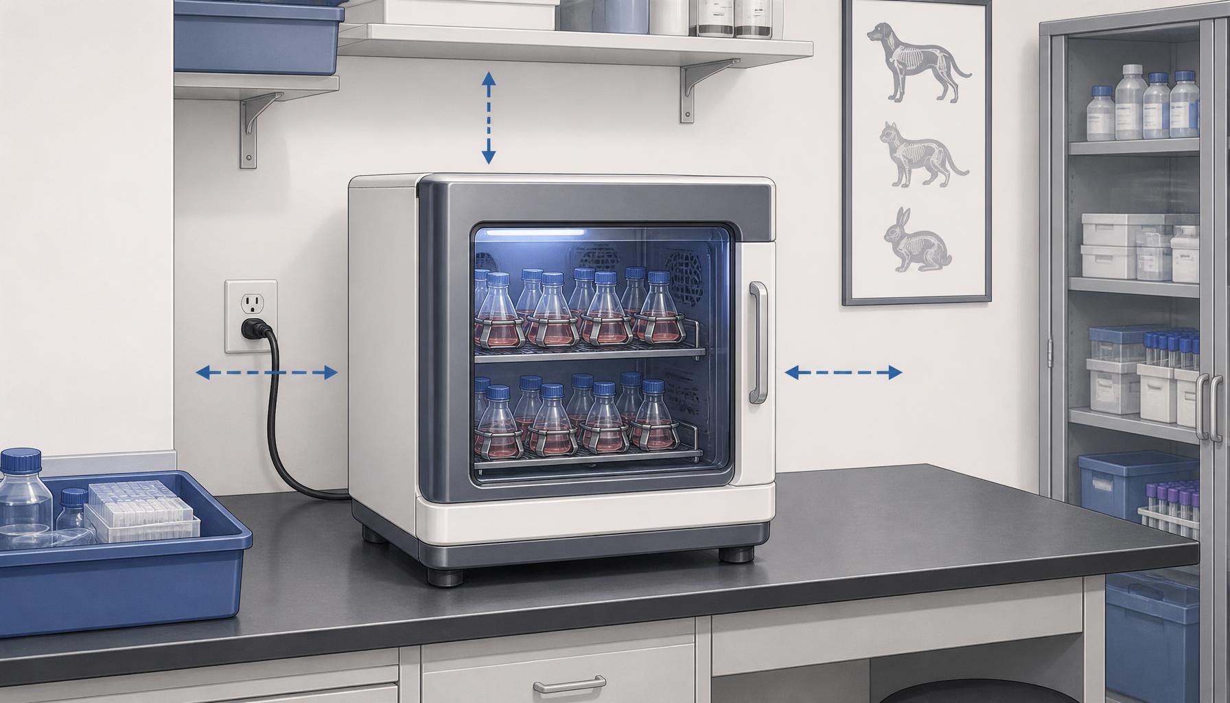 AI-generated illustration: AI-generated illustration of a compact laboratory shaking incubator positioned on a stable bench with visible electrical connection space, service clearance, and nearby veterinary laboratory storage.