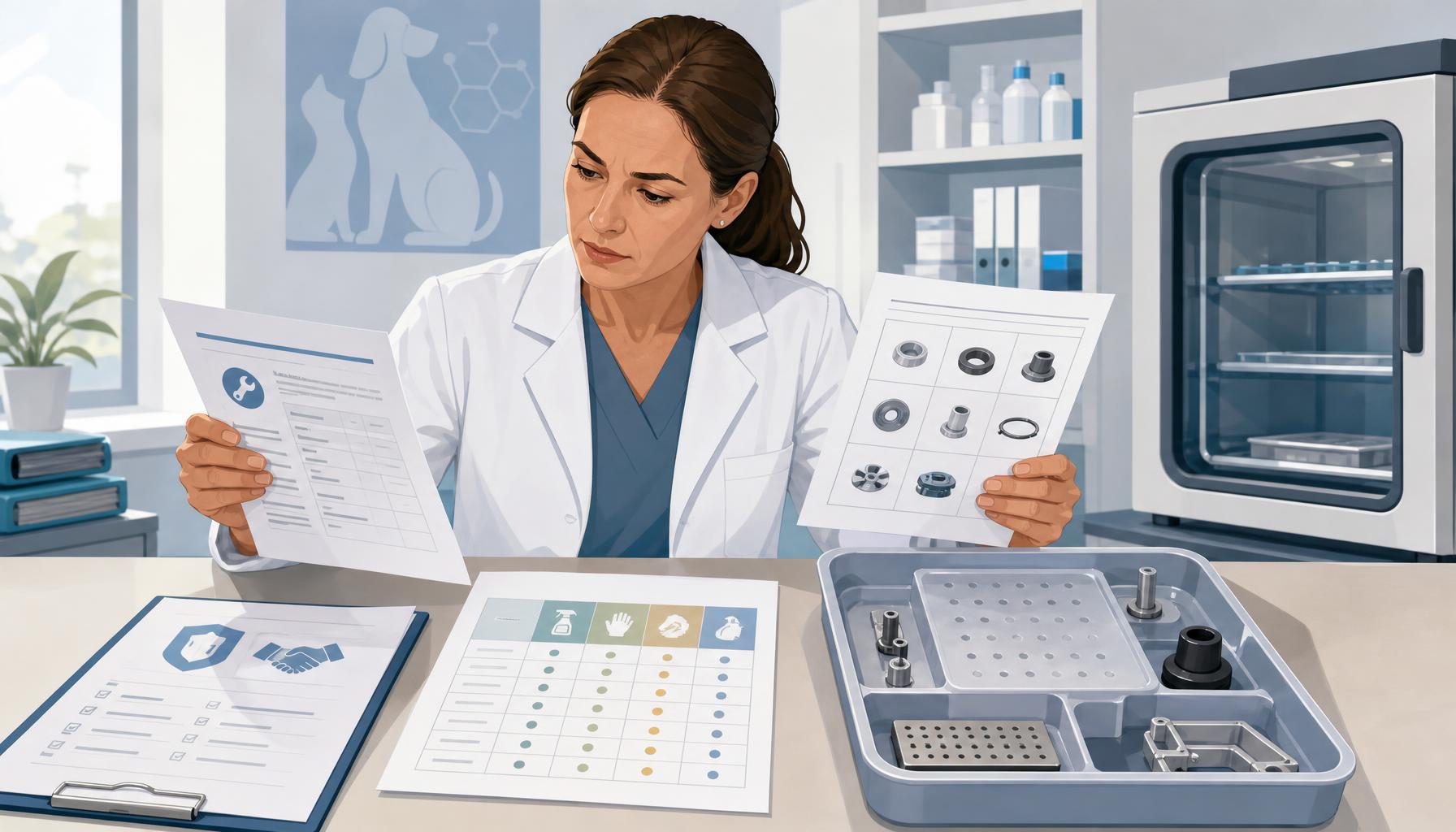 AI-generated illustration: AI-generated illustration of a veterinary laboratory manager comparing a service contract, spare-parts list, cleaning responsibility chart, and shaking incubator accessory tray.