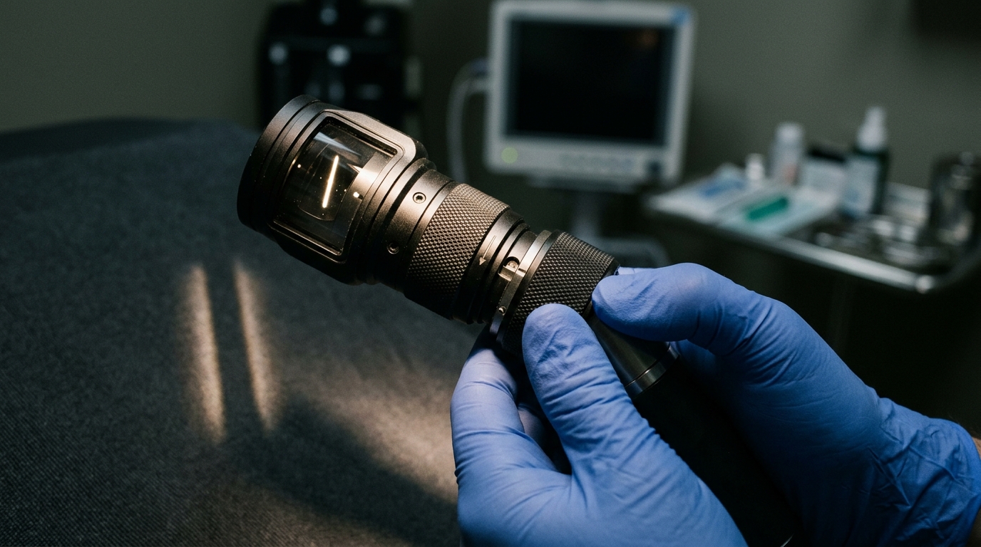 Close-up view of a veterinary streak retinoscope control sleeve demonstrating the elevation and rotation mechanics used to adjust the light beam width.