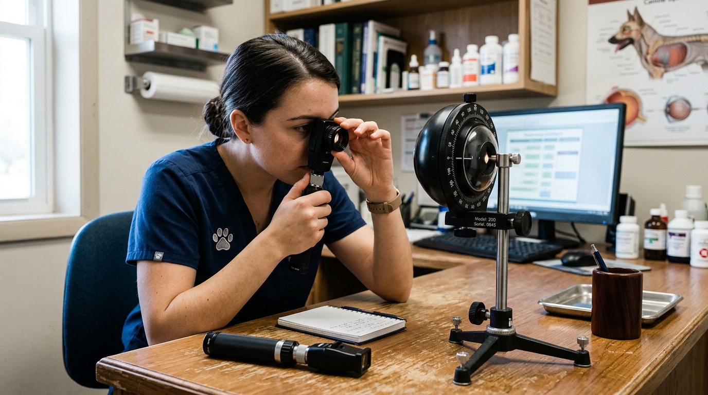 Veterinary technician utilizing a schematic eye model on a consultation desk to practice precise astigmatism axis alignment with a diagnostic retinoscope.