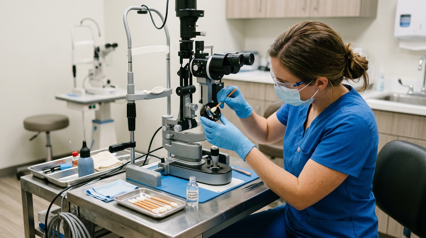 Technician performing routine weekly maintenance on ophthalmic diagnostic equipment using specialized optical cleaning swabs on a stainless steel workstation.