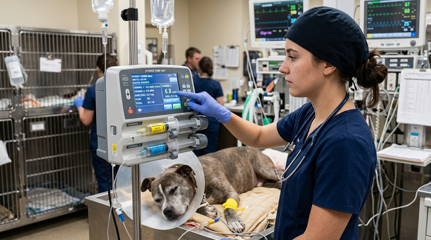 Veterinary technician configuring a dual-channel syringe pump for a canine patient in the ICU, adjusting flow rate parameters on a high-contrast digital interface.