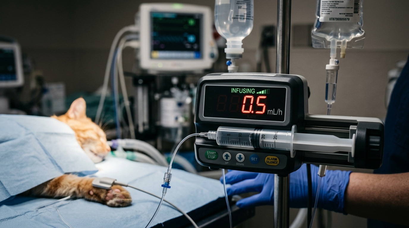 Close-up view of a syringe pump digital display showing a 0.5 milliliter per hour constant rate infusion setting during feline patient surgery.
