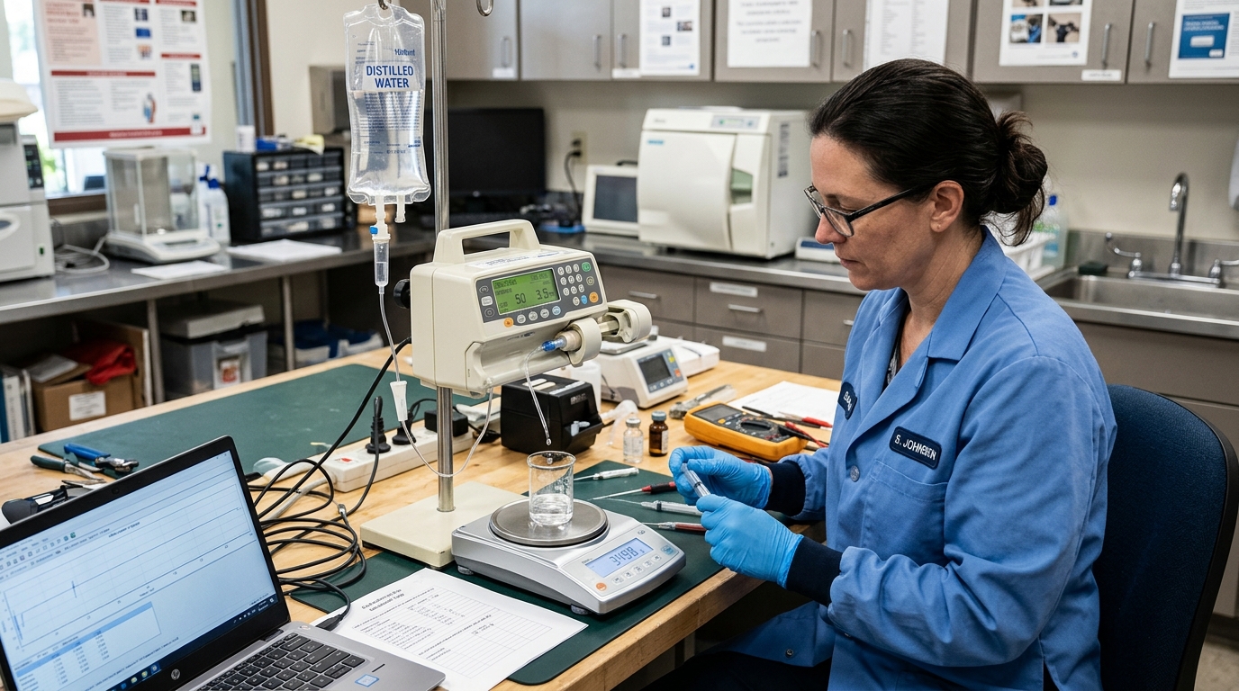 Biomedical technician calibrating a veterinary infusion device using a digital micro-scale and distilled water to verify volumetric delivery accuracy.