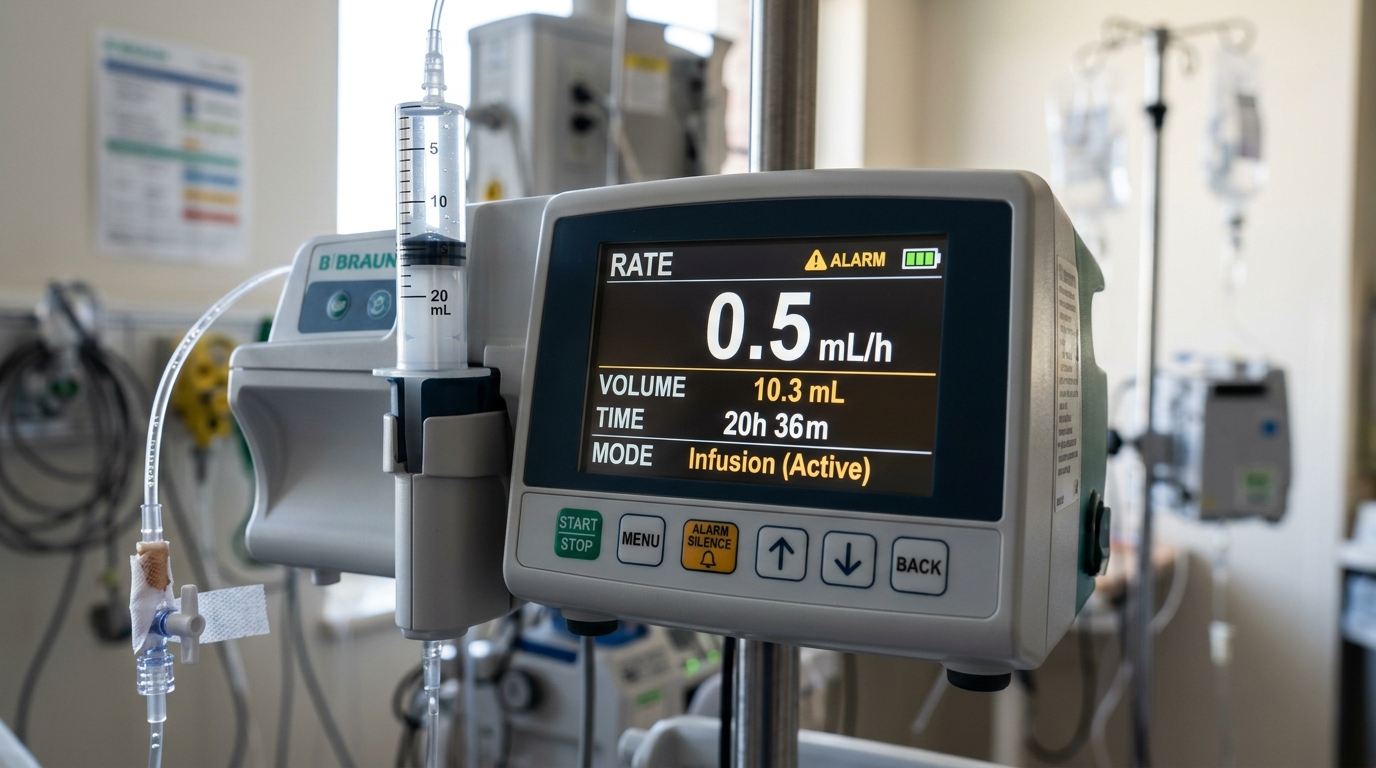 Close-up of a high-precision syringe pump screen displaying a low flow rate setting of 0.5 mL per hour during micro-infusion therapy.