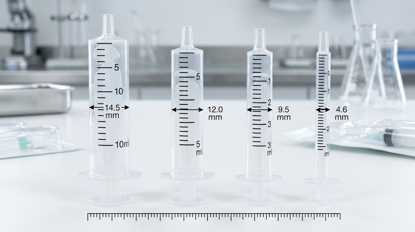Side-by-side technical comparison of different syringe barrel dimensions highlighting internal diameter variance.
