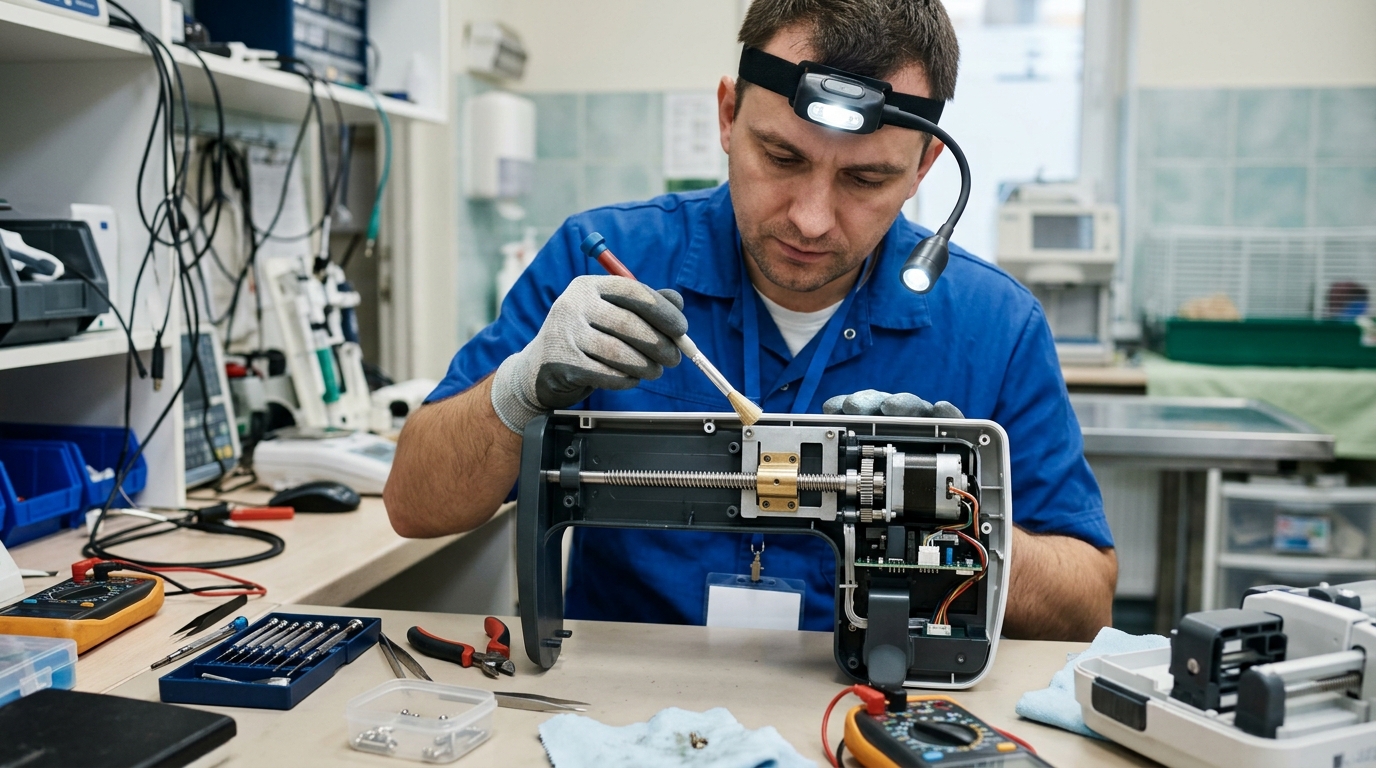 Maintenance technician inspecting the internal lead screw and drive motor assembly of a veterinary syringe pump.