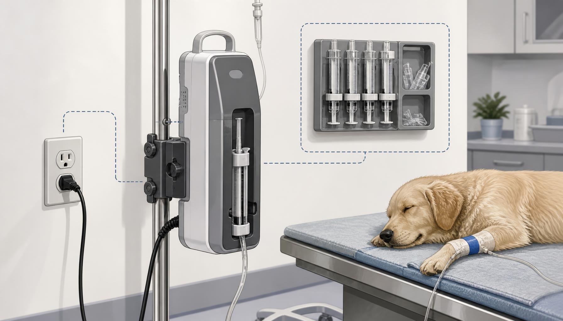 AI-generated illustration: AI-generated illustration of a veterinary syringe pump mounted vertically on an IV pole beside organized infusion syringes, showing the equipment-planning relationship between mounting hardware, power access, and patient-care space.