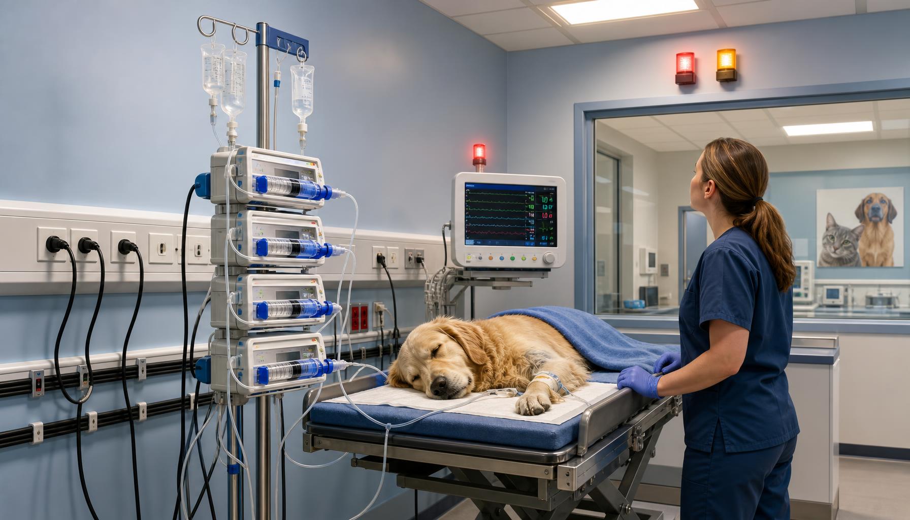 AI-generated illustration: AI-generated illustration of a veterinary intensive-care treatment bay with several syringe pumps on a pole, a patient monitor nearby, visible power routing, and clear sight lines to alarm indicators.