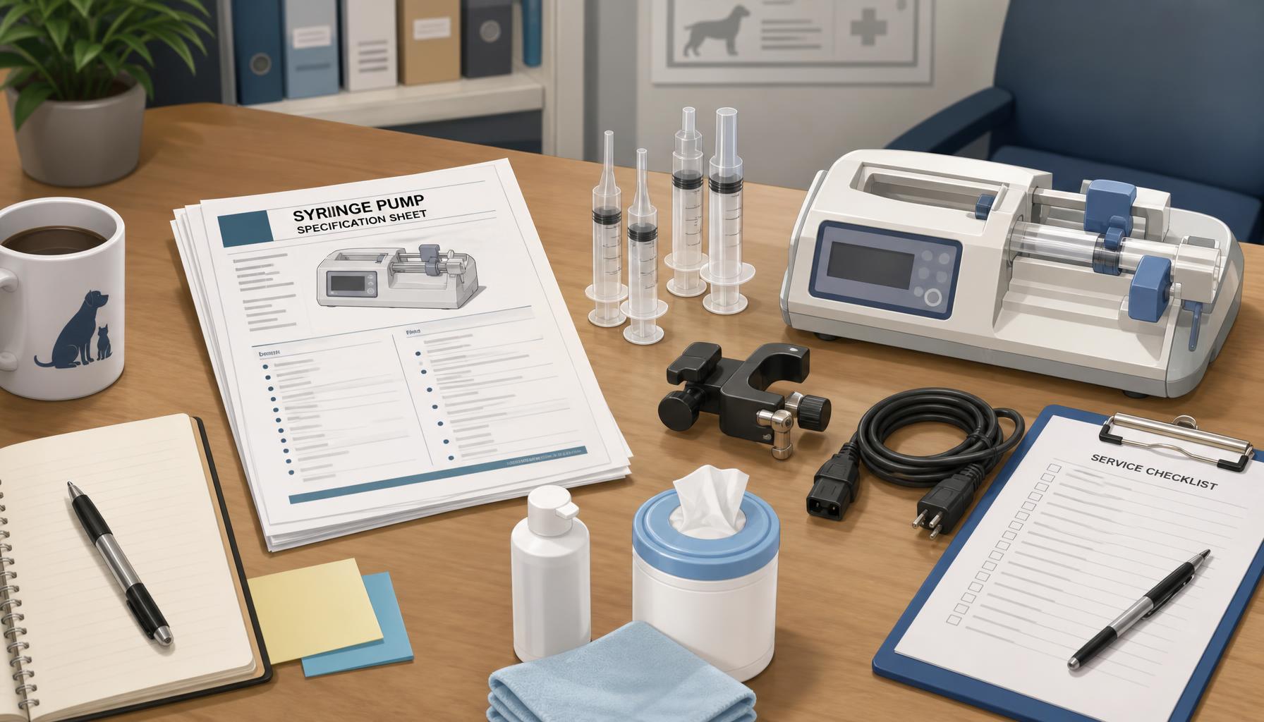 AI-generated illustration: AI-generated illustration of a veterinary procurement review with a syringe pump specification sheet, syringe samples, mounting clamp, power lead, cleaning supplies, and a service checklist on a clinic office table.