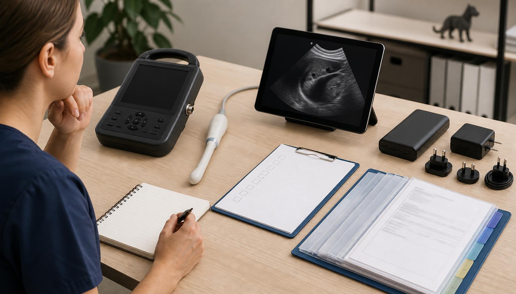 A veterinary equipment buyer compares a portable ultrasound host, a rectal probe, a wireless display, power accessories, and organized compliance documents on a clean procurement desk, shown as a conceptual illustration.