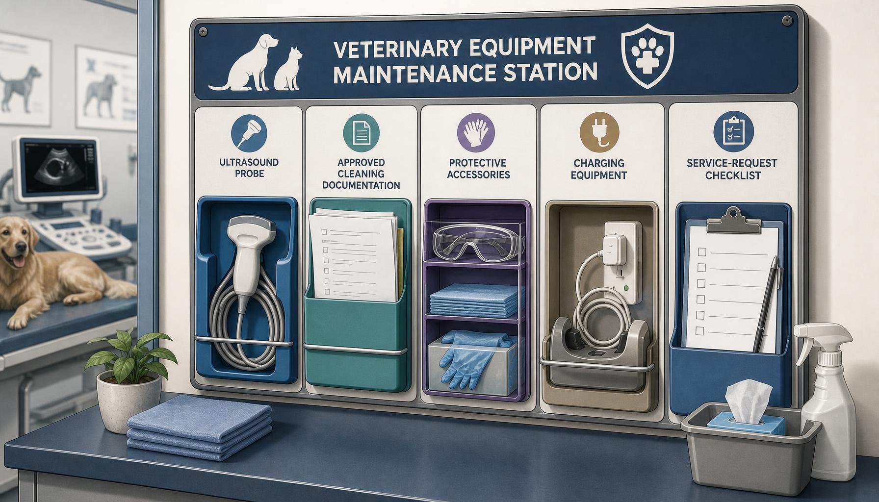 A conceptual veterinary equipment maintenance station with labeled storage areas for an ultrasound probe, approved cleaning documentation, protective accessories, charging equipment, and a service-request checklist.