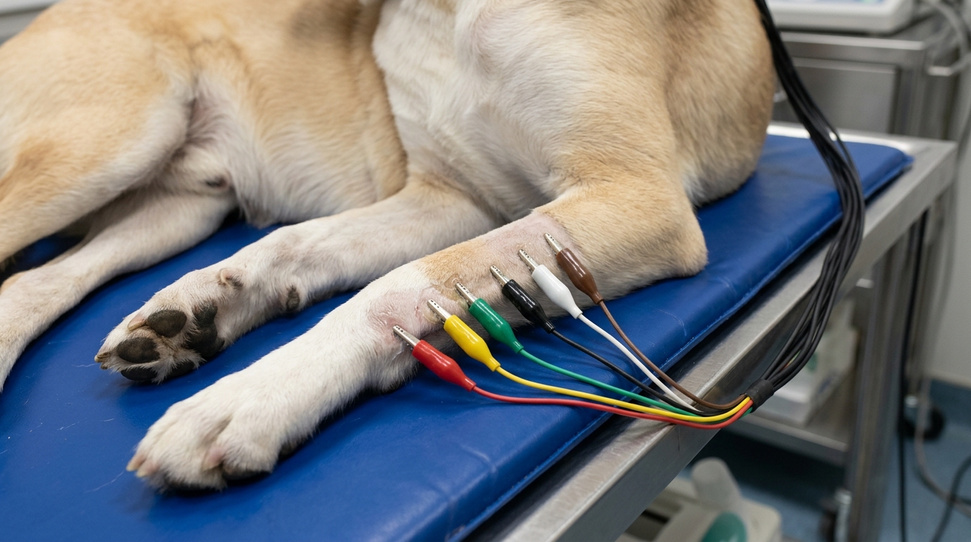 Close-up of correct alligator clip placement on a canine patient forelimb connected to a six-channel ECG lead cable.
