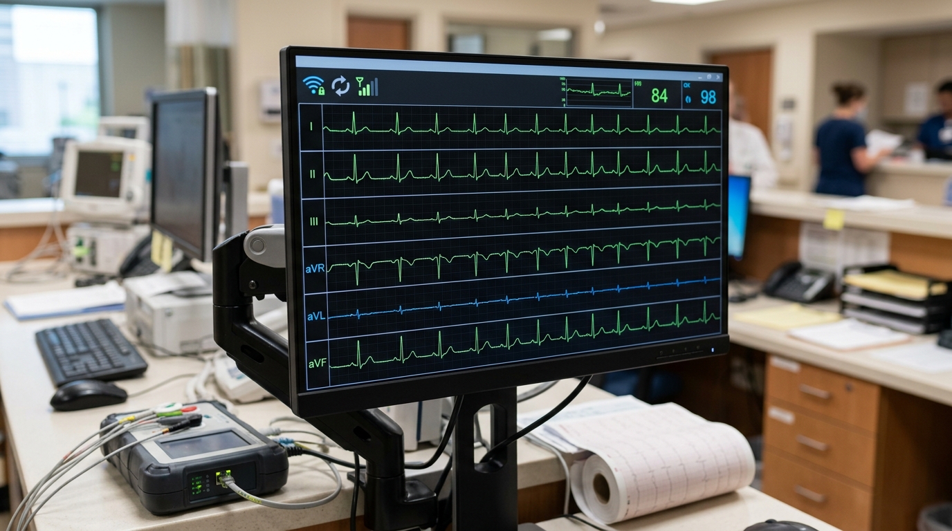 Software dashboard on a computer monitor displaying six-channel ECG waveforms successfully synchronized via local network.
